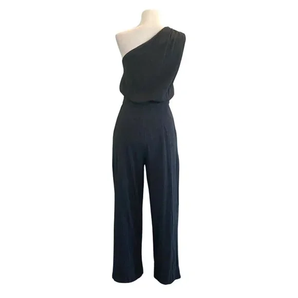 Free People One Shoulder Cropped Black Woven Cotton Blend Gauze Jumpsuit Size 8 - Picture 4 of 7